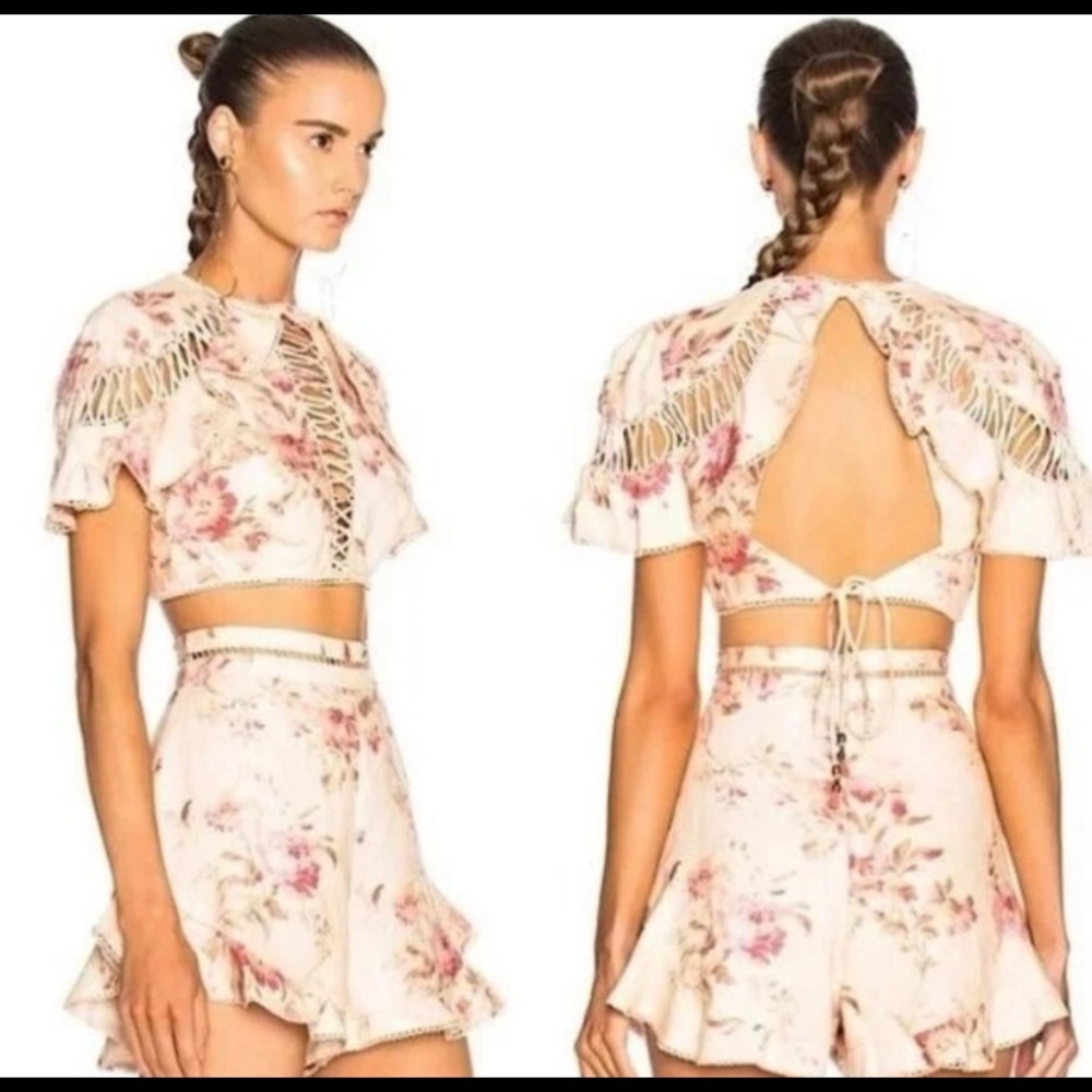 Zimmermann Corsair flutter short and lace top linen set